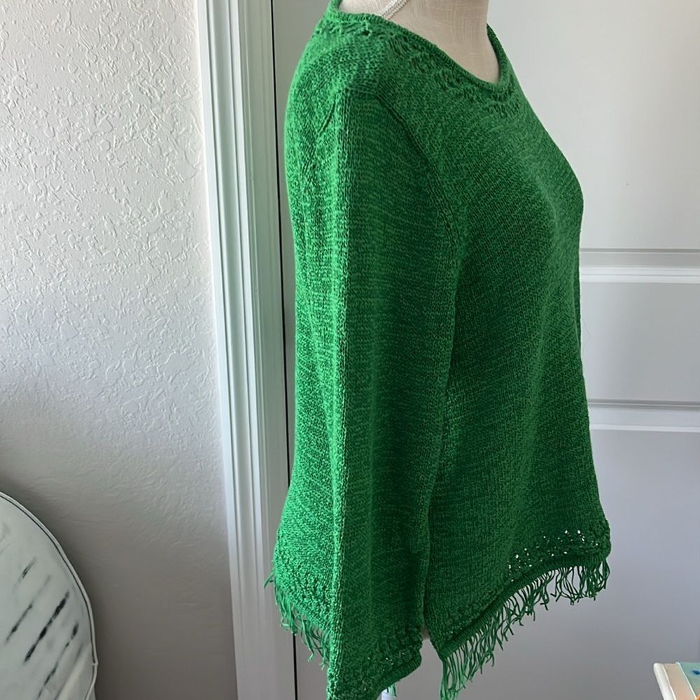 Pappagallo Bright Green Sweater Cotton Blend Fringed 3/4 Sleeves VTG - Picture 6 of 9